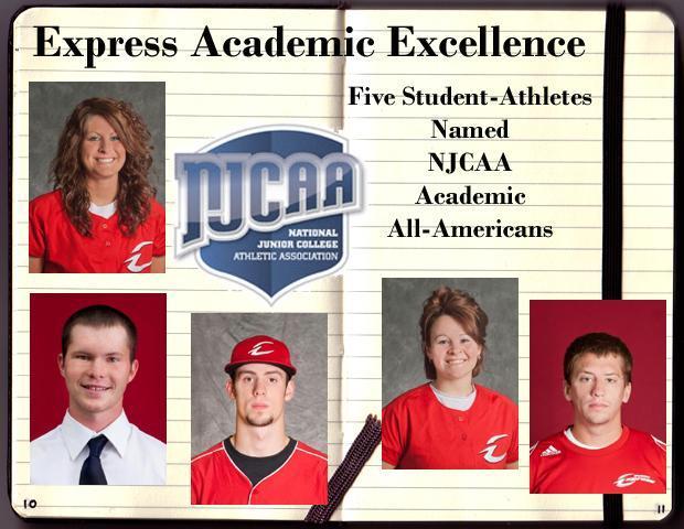 Five Express student-athletes were named Academic All-Americans by the NJCAA. Pictured above, from left to right and top to bottom, is Hallie Thompson, softball, Conor Totzke, men's golf, Chris Ward, baseball, Kasey Graham, softball, and Sean Kaighin, men's soccer. Photos by Seth Foley and design by Nicholas Huenefeld/Owens Sports Information
