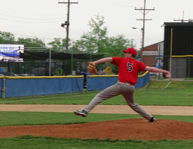 Dane Davis delivers a pitch in today's NJCAA Region XII Sub-Regional opening round victory over Vincennes. The sophomore allowed only three hits on 70 pitches over seven innings. Photo by Rudy Yovich/Owens Sports Information