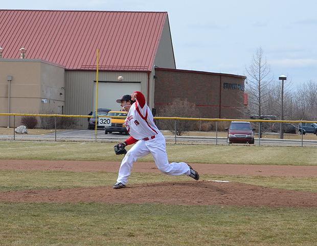 Luke Whelpton delivers a pitch in the Express victory over Muskegon today. The freshman earned the win in game one. Photo by Owens Sports Information
