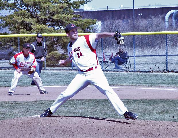 Michael Fry delivers a pitch during game one of today's doubleheader vs Cuyahoga. He picked up the win, while Dane Davis picked up the save. Photo by Dave Harrand/Owens Sports Information