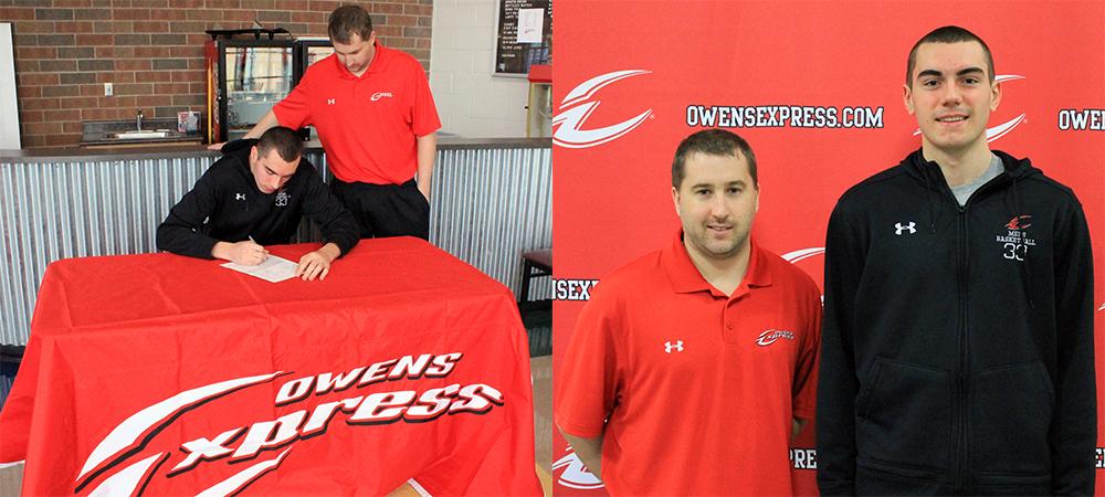 Dilyn Good is pictured with Owens head coach Dave Clarke while signing his LOI. Photos by Nicholas Huenefeld/Owens Sports Information
