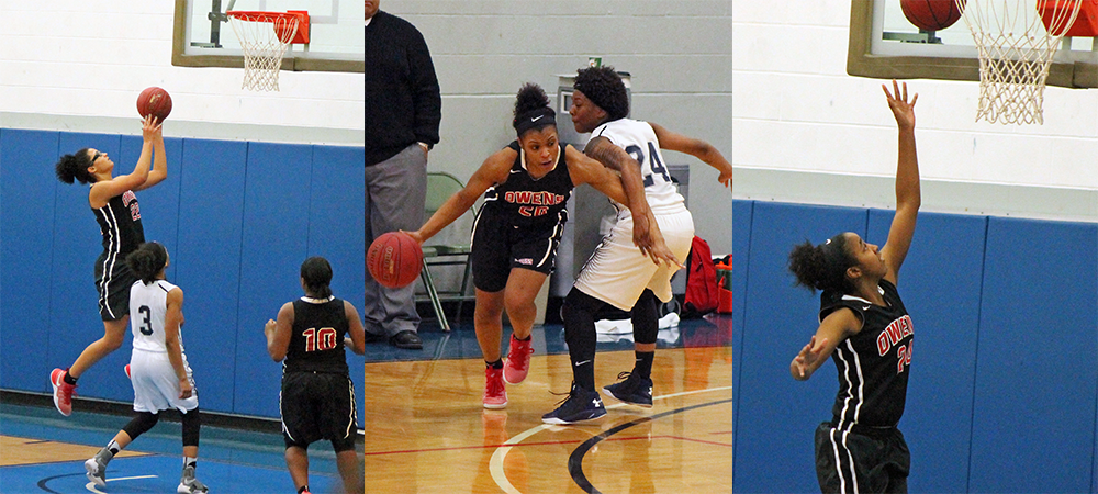 Owens won by 89 points on Saturday behind plays from Jeryn Reese, Sybil Roseboro and Ariel Bethea (L to R). Photos by Nicholas Huenefeld/Owens Sports Information