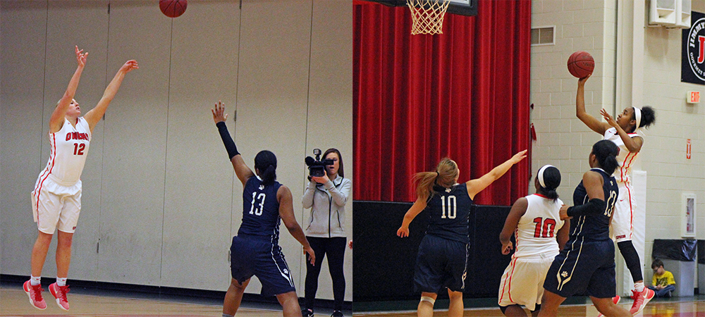 Haili Mossing (left) makes a first quarter 3-pointers. At right, Ariel Bethea scores in the second half. Photos by Nicholas Huenefeld/Owens Sports Information