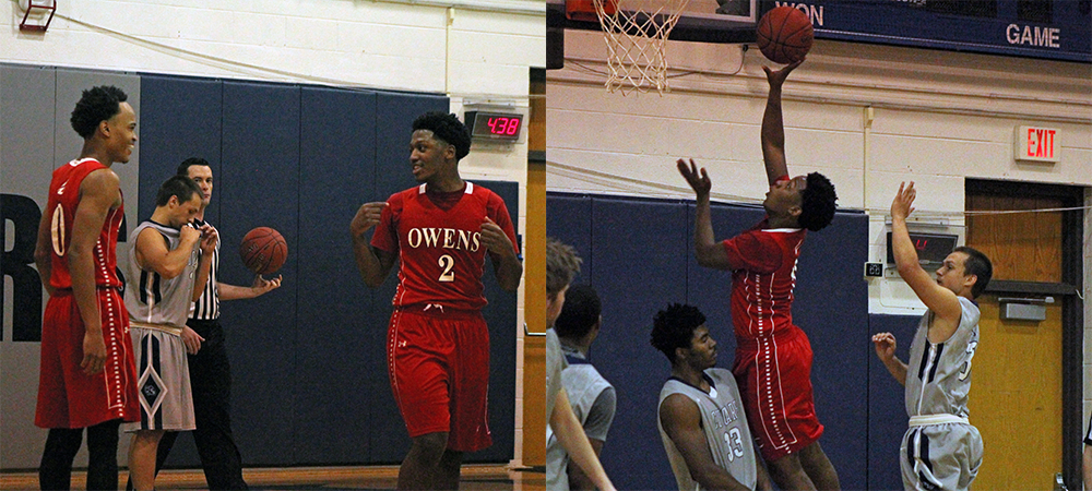 Roy Hatchett makes a layup on the right, and talks with Ty'Rese Searles on the left during today's 105-94 win over Columbus State. Photos by Nicholas Huenefeld/Owens Sports Information