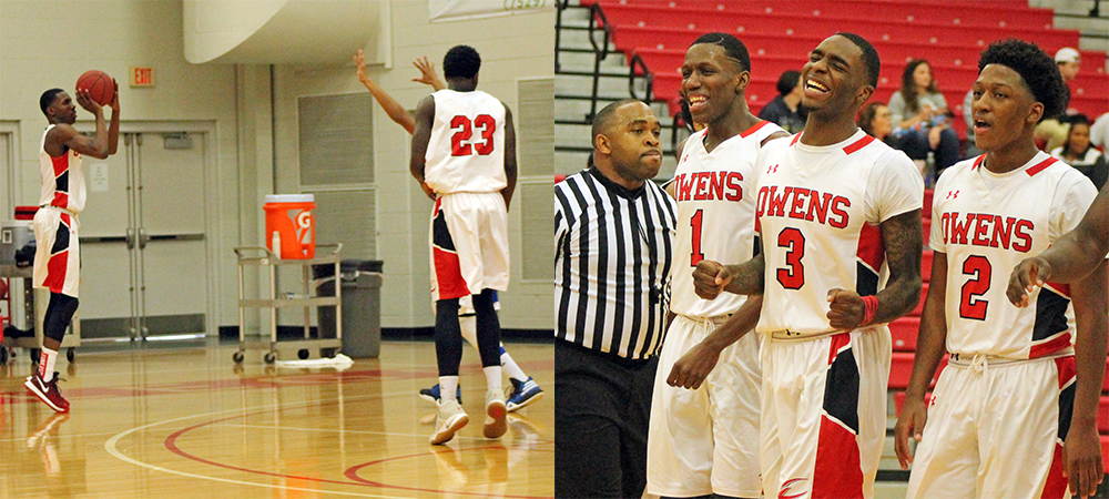 At left, Jamerson attempts a 3-pointer. At right, he celebrates with his teammates Shondell Jackson (3) and Roy Hatchett (2) after making his fifth straight 3-pointer over a two minute stretch in the second half. Photos by Jeryn Reese and Nicholas Huenefeld/Owens Sports Information