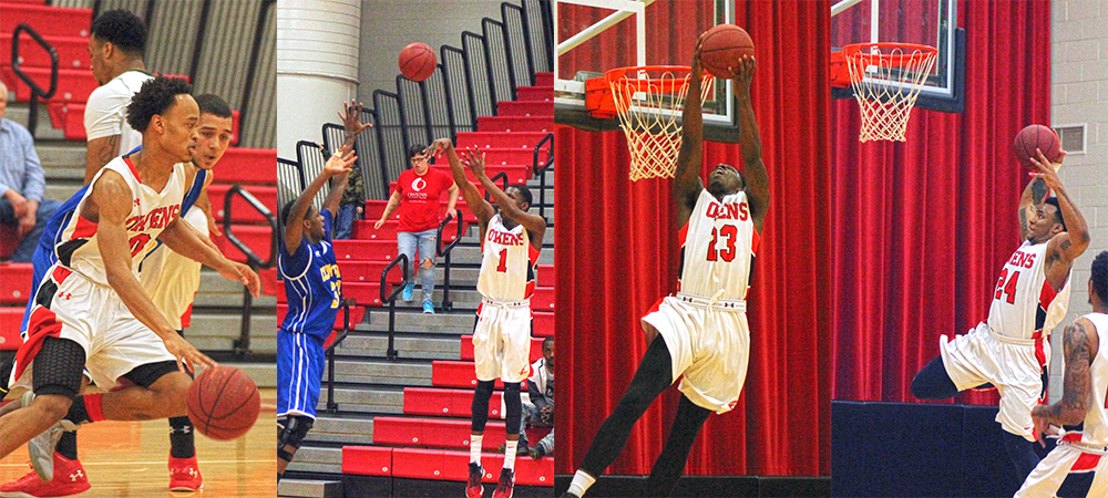 From L to R, Ty'Rese Searles, Derrik Jamerson Jr., Rico Stafford, and James Grays all helped the Owens MBB team take down Clark State 84-44 in the SHAC tonight. Photos by Nicholas Huenefeld/Owens Sports Information