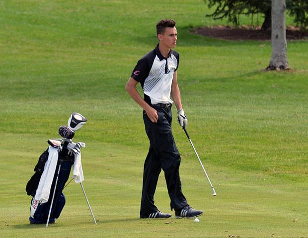 Sophomore Brandon Hoelzer eyes the course ahead of him. After 36 holes, he sits in first place at the Region XII tournament. Photo by Josh Williams/Owens Sports Information