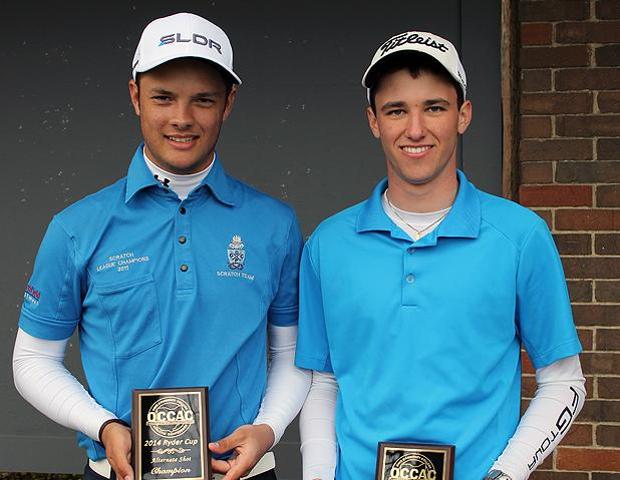 Harrison Long (left) and Philippe Weppernig (right) are all smiles after winning two of today's three OCCAC Ryder Cup events at Belmont Country Club. Photo by Geoff Roberts/Owens Sports Information