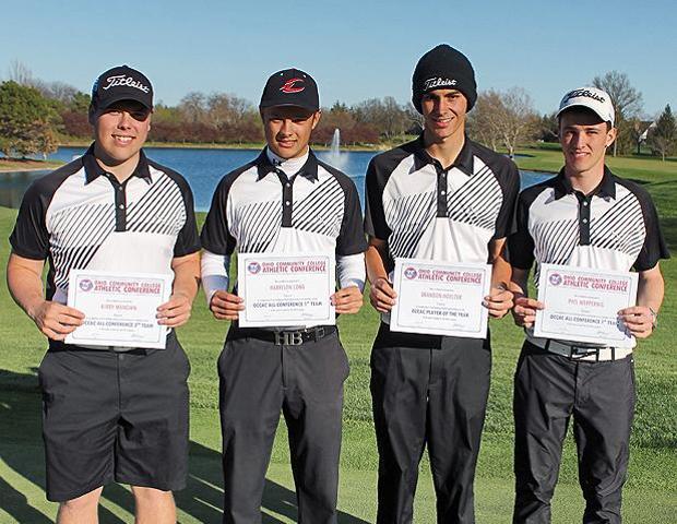 Kirby Manown, Harrison Long, Brandon Hoelzer and Philippe Weppernig (L to R) all earned All-OCCAC honors today. Hoelzer also won OCCAC Player of the Year honors. Photo by Nicholas Huenefeld/Owens Sports Information