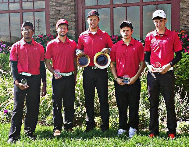 The Owens men's golf team is pictured here, with second place overall finisher Harrison Long in the center, after finishing second in the Mike Lalaeff Memorial Invite today. Photo by Josh Williams/Owens Sports Information