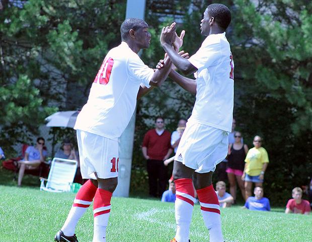The combination of Bjion Campbell (11, right, goal) and Vijay Gentles (10, left, assist) hooked up today on the lone goal for the Express in a 2-1 double OT loss to Schoolcraft College on the road. Photo by Nicholas Huenefeld/Owens Sports Information