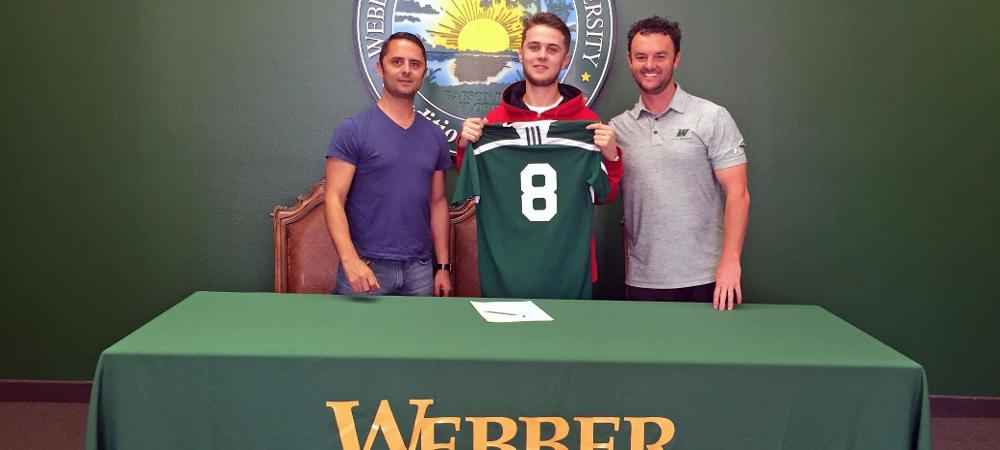 Reiss Liggitt is joined by his father to his right and Webber head coach Neil Cockburn to his left after signing with Webber. Photo by Owens Sports Information