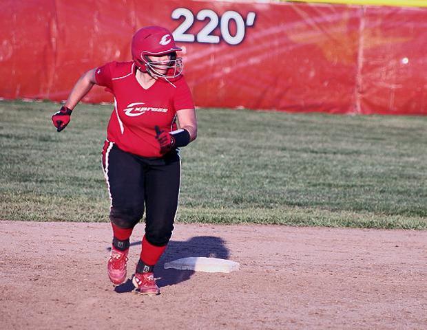 Brittany George, pictured here, had three homers, two doubles and 13 RBIs in today's doubleheader. Photo by Nicholas Huenefeld/Owens Sports Information