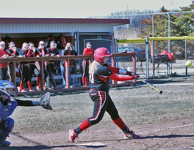 Brittany George blasts one of her two home runs on the day. Photo by Geoff Roberts/Owens Sports Information