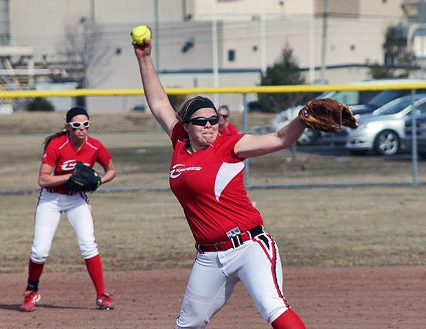 Lesley Ducat delivers a pitch in today's doubleheader against Kellogg Community College. Photo by Nicholas Huenefeld/Owens Sports Information
