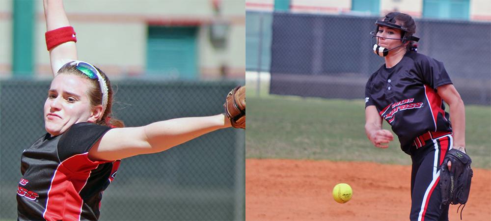Lexi Williams, left, and Sam Fowls, right, combined for 15 strikeouts in today's doubleheader. Photos by Nicholas Huenefeld/Owens Sports Information