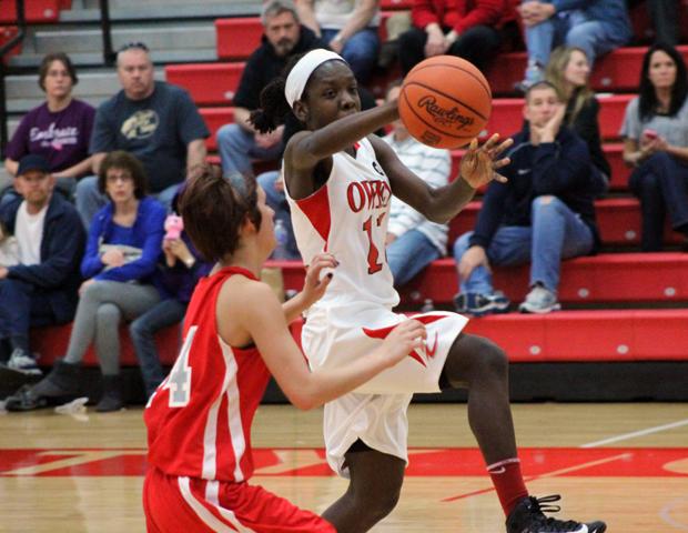 Eboni Adams, pictured here, had a team high of 11 assists to go along with 9 points, 6 rebounds and 5 steals. Photo by David Harrand/Owens Sports Information