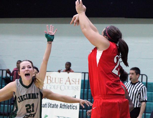 Mackenzie Heacock is pictured here hitting the game tying 3-pointer late in regulation. Photo by Nicholas Huenefeld/Owens Sports Information