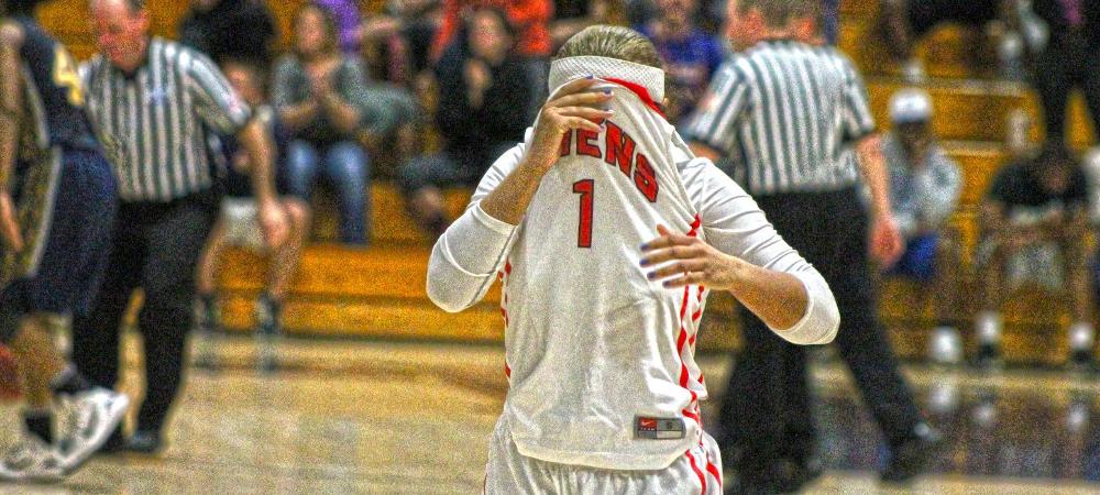 Briana Williams is dejected after the buzzer went off in tonight's national semifinal. Photo by Nicholas Huenefeld/Owens Sports Information