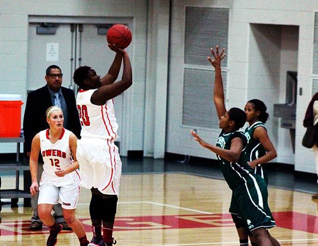 LaKayra Carlisle buries a mid-range jumper in the second half of today's win over Mercyhurst North East. Photo by Nicholas Huenefeld/Owens Sports Information