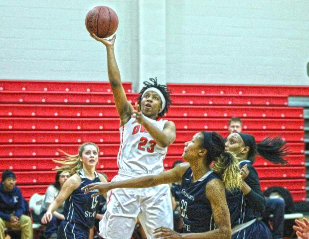 Sierra Harley goes in for two of her game-high 20 points against Columbus State today. Photo by Tobias Flemming/Owens Sports Information