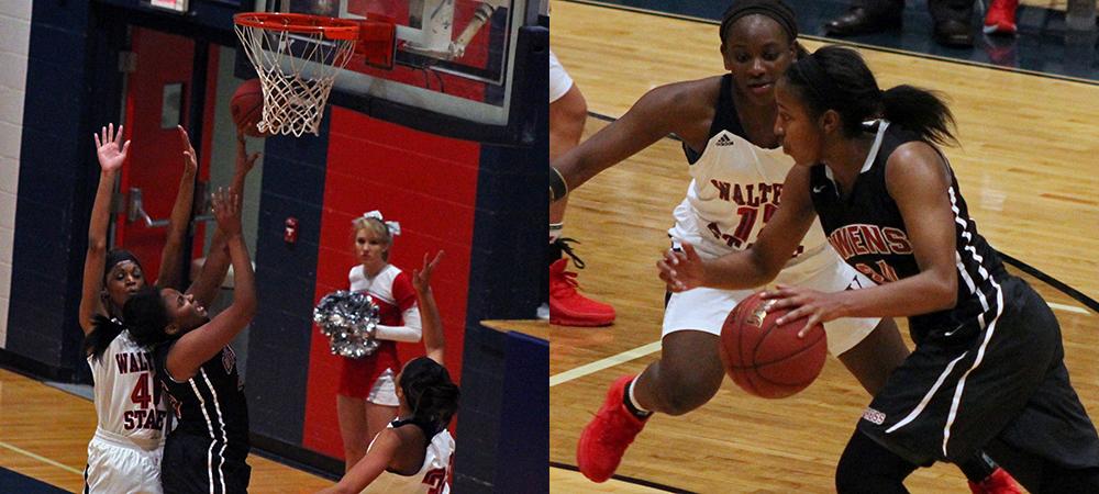 Aysah Ingram (left) goes up strong for a basket in the paint. On the right, Ariel Bethea drives for a fourth quarter layup. Photos by Nicholas Huenefeld/Owens Sports Information