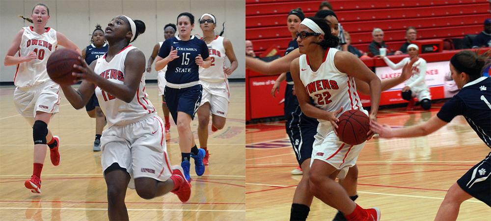Tatyana Reynolds and Jeryn Reese (L to R) combined for 37 points today. Photos by Amanda Aylwin and Kyle Brown/Owens Sports Information