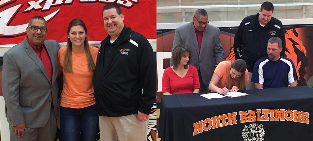 Olivia Frost is pictured with Owens coaches Mike Llanas and Stephen Perry, as well as her parents, during signing day. Photos provided to Owens Sports Information