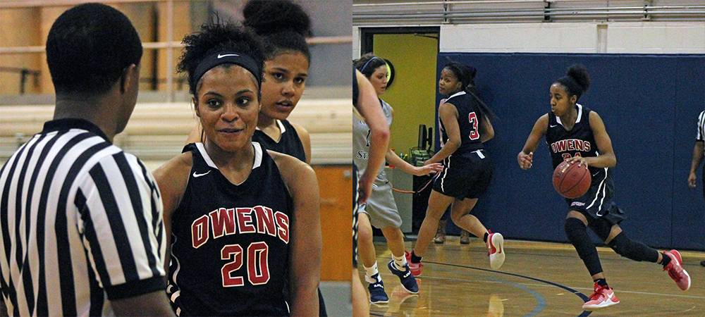 At right, Ariel Bethea looks to drive to the basket. At left, Sybil Roseboro looks for answers from an official after picking up a technical foul. Photos by Nicholas Huenefeld/Owens Sports Information