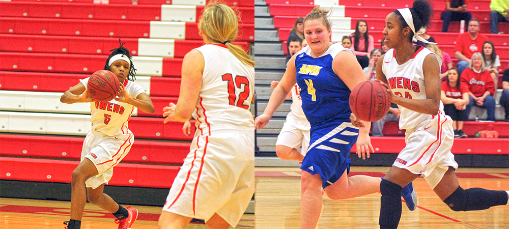 At left, Courizma Williams dishes to Haili Mossing. At right, Ariel Bethea runs by a Hocking defender. Photos by Nicholas Huenefeld/Owens Sports Information