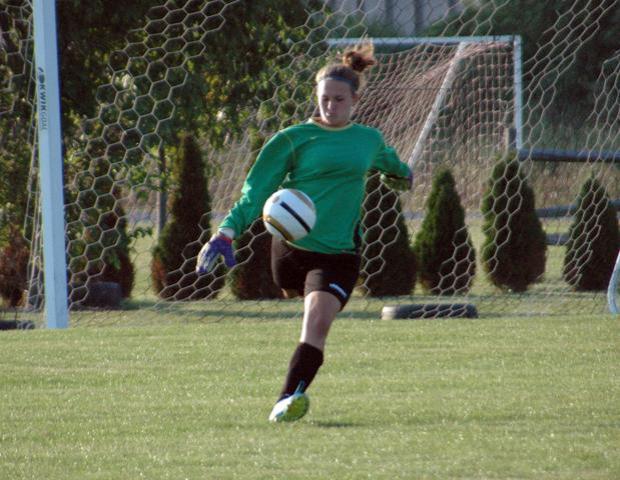 Erika Brinkman had 12 saves for the Express in a 3-0 loss to No. 6 Monroe Community College on the road. Photo by Nicholas Huenefeld/Owens Sports Information
