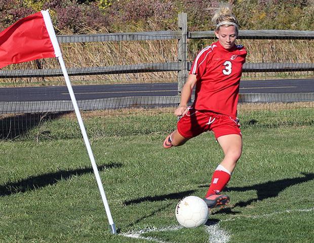 Jill Burkholder, pictured here, scored back-to-back goals off corner kicks in today's 4-1 Express win over Delta College. Photo by Nicholas Huenefeld/Owens Sports Information