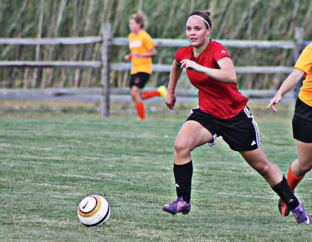 Jordyn Wright, pictured here in a preseason scrimmage, scored the team's first goal of the season today, and then she nearly won it in OT, but her shot hit the crossbar. Photo by Nicholas Huenefeld/Owens Sports Information