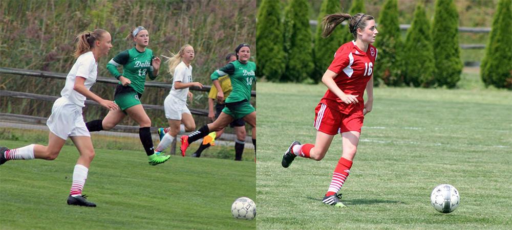 Sophie Hollis, left, scored the game-winner today, while Ellie Kirby (right) assisted on it. Photos by Nicholas Huenefeld/Owens Sports Information