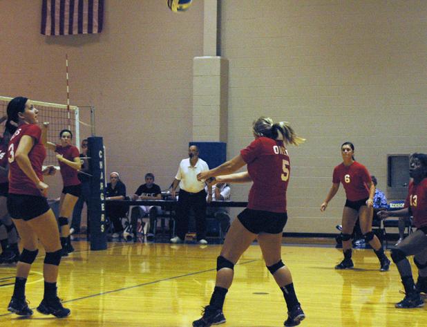 Brandi Schimming had team-highs in aces (4) and digs (10) against Cuyahoga Community College Wednesday. The Express won in straight sets. Photo by Nicholas Huenefeld/Owens Sports Information
