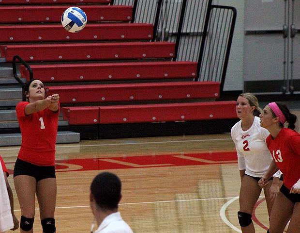 Ciarra Wirick, pictured here with the ball, led the team in kills all three matches today, while finishing in the top three in digs and assists as well. Photo by Nicholas Huenefeld/Owens Sports Information