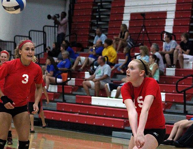 Sara Turner-Smith, pictured here on the right, tied for the team-high in kills (7) today. Photo by Nicholas Huenefeld/Owens Sports Information