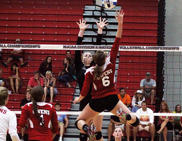 Stephanie Kipp floats for a kill shot attempt against No. 17 Hagerstown Community College tonight. The freshman totaled nine kills in the match and 19 overall today. Photo by Nicholas Huenefeld/Owens Sports Information