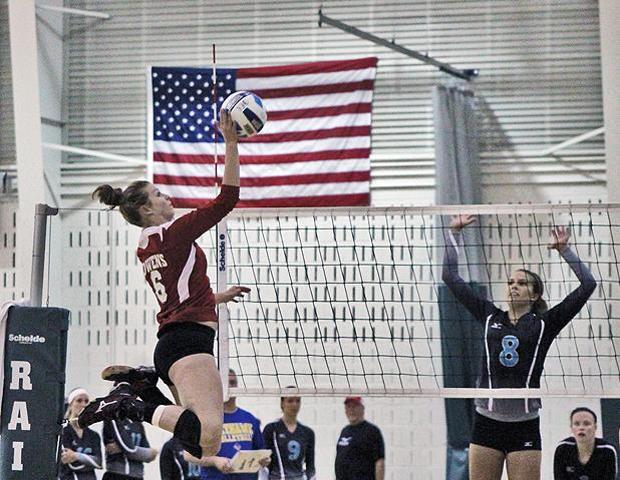 Stephanie Kipp attempts a kill in Friday's second match against Kalamazoo Valley. The freshman led the team with nine kills in that match, while producing 17 total for the day. Photo by Nicholas Huenefeld/Owens Sports Information