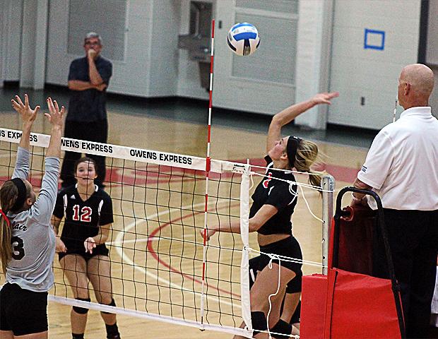 Erika Hartings, pictured here swinging, had a team-high 14 kills in tonight's sweep of Sinclair. Photo by Nicholas Huenefeld/Owens Sports Information