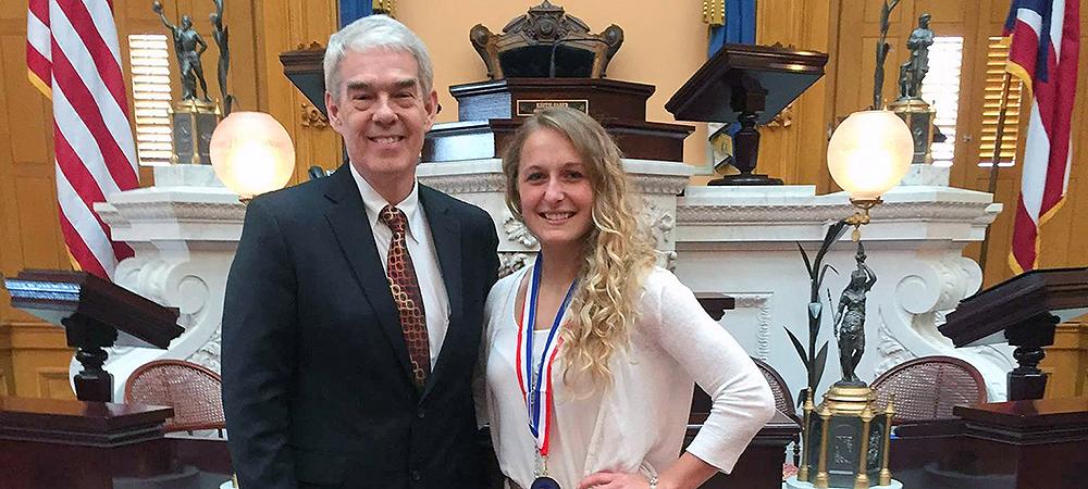 Aricka LaVoy is pictured here with Ohio Senator Randy Gardner during her trip to Columbus. Photo provided to Owens Sports Information