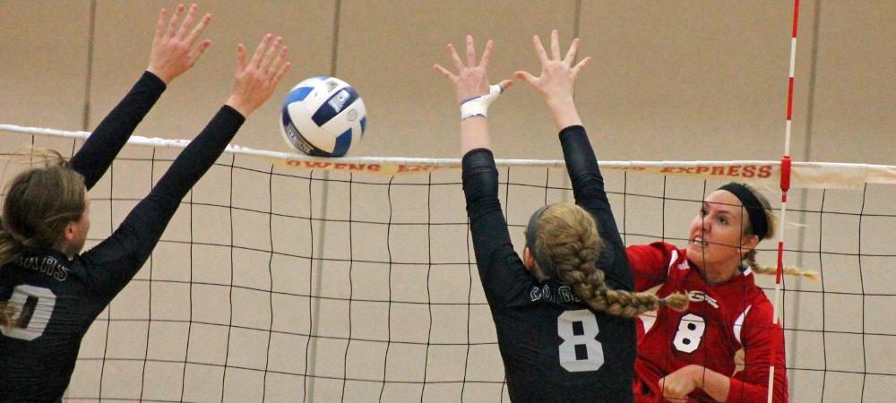 Erika Hartings, who had 11 kills on zero errors, attempts a swing against Columbus State today. Photo by Nicholas Huenefeld/Owens Sports Information