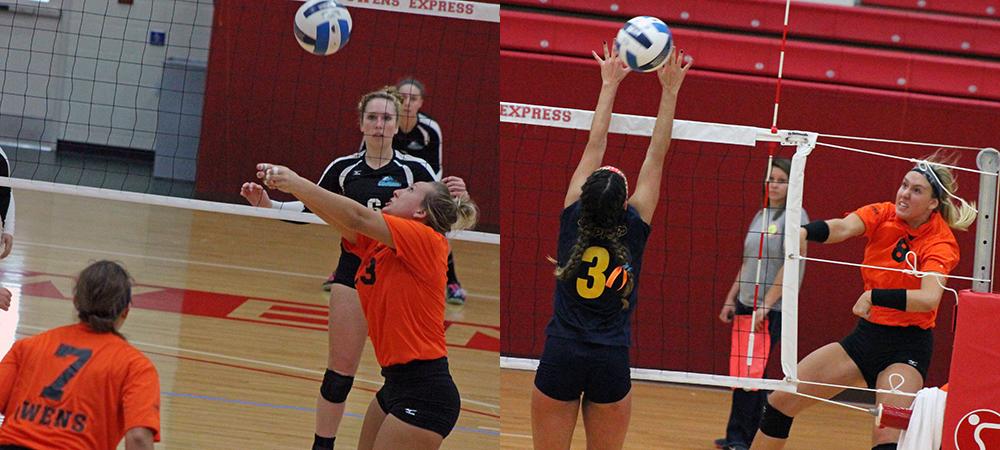 Deanna Smith (left) sets the ball, while Erika Hartings attempts a kill on the right. Photos by Nicholas Huenefeld/Owens Sports Information