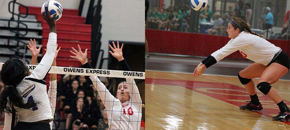 At left, Macy Reigelsperger attempts a block. At the right, she makes a dig. Photos by Nicholas Huenefeld/Owens Sports Information