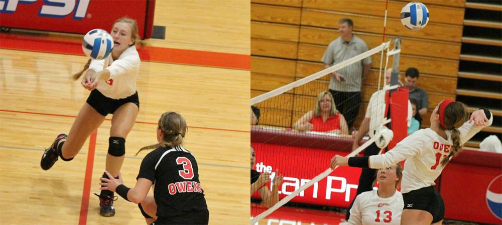 Christine Tylutki (left) and Macy Reigelsperger (right) had 14 blocks and 31 kills, respectively, today. Photos by Nicholas Huenefeld/Owens Sports Information