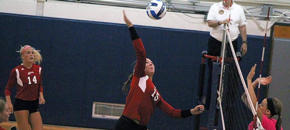 Ashley Pleiman makes an attack during the second set of tonight's straight set win over Columbus State. Photo by Nicholas Huenefeld/Owens Sports Information