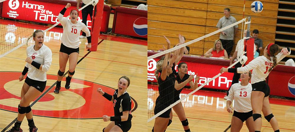 At left, Erika Hartings (8), celebrates a point. At right, Macy Reigelsperger attempts a swing. Each player had 13 kills. Photos by Nicholas Huenefeld/Owens Sports Information