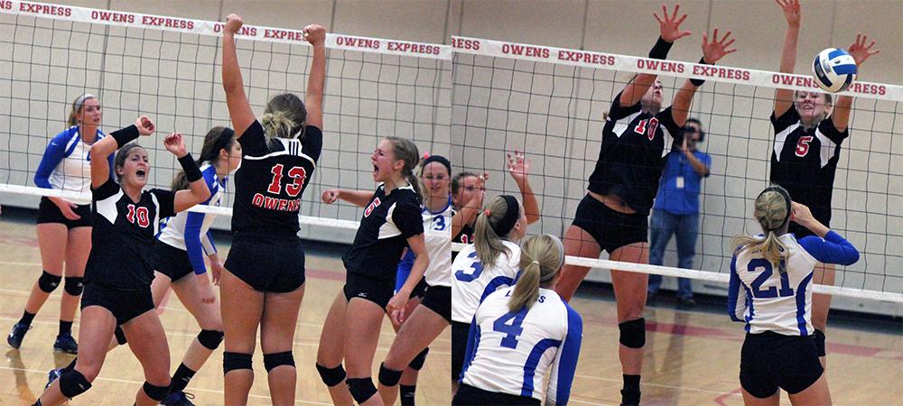 At left, Owens celebrates winning the first set. At right, Christine Tylutki (5) wins the second set with a stuff block. Photos by Nicholas Huenefeld/Owens Sports Information