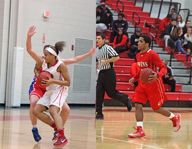 Ashley Tunstall, left, and Shaakir Lindsey, right, are key members of the Owens basketball teams. Photos by Nicholas Huenefeld/Owens Sports Information