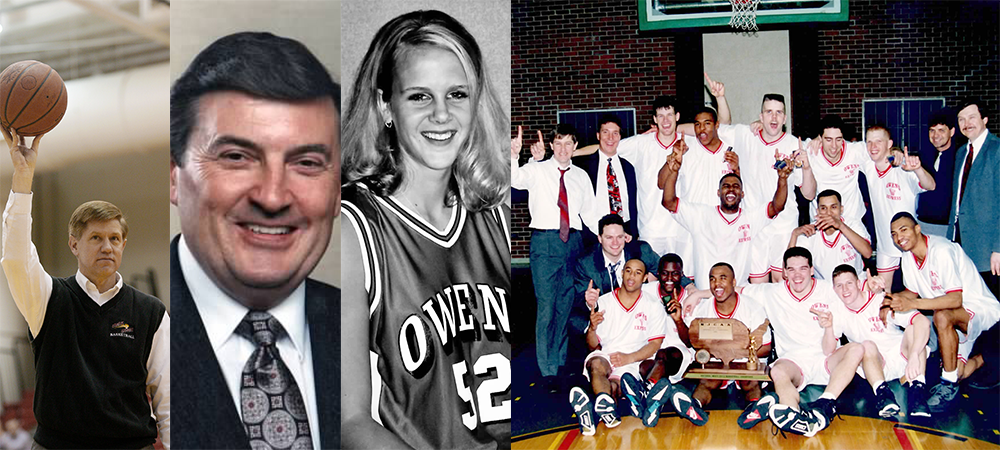 L to R: Jim Welling, Dan Brown, Amy (Amstutz) Zuercher and the 1992-93 men's basketball national championship team will be inducted into the Owens athletics hall of fame on Sept. 30. PHOTOS BY OWENS SPORTS INFORMATION